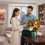 Hombre y mujer de pie junto a una mesa de madera observando un ramo de rosas rojas y lirios blancos en un jarrón de cristal verde, con un peluche amarillo entre las flores, en una sala de estar luminosa y moderna