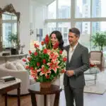 Mujer y hombre de pie junto a gran arreglo de rosas rojas y lirios rosados en una sala de estar luminosa con ventanales y muebles elegantes
