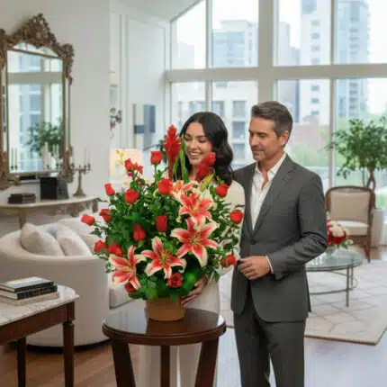 Mujer y hombre de pie junto a gran arreglo de rosas rojas y lirios rosados en una sala de estar luminosa con ventanales y muebles elegantes