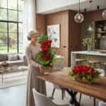 Mujer mayor de cabello canoso sosteniendo un gran arreglo de rosas rojas y follaje verde junto a una mesa de madera en un salón comedor moderno y luminoso