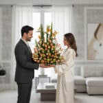 Hombre con traje oscuro entrega a mujer en bata blanca un gran arreglo de rosas y flores exóticas en una sala de estar moderna