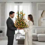 Hombre con traje oscuro entrega a mujer en bata blanca un gran arreglo de rosas y flores exóticas en una sala de estar moderna