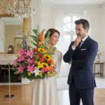 Mujer sonriente con vestido claro sostiene un gran ramo de flores variadas frente a un hombre con traje azul marino en un salón elegante con lámpara de araña y espejo dorado