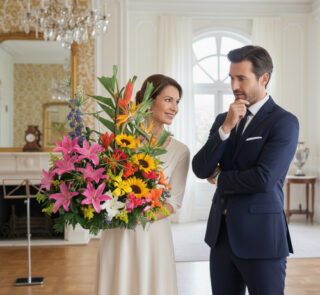 Mujer sonriente con vestido claro sostiene un gran ramo de flores variadas frente a un hombre con traje azul marino en un salón elegante con lámpara de araña y espejo dorado