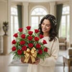 Joven sonriente con suéter beige sosteniendo una canasta de rosas rojas con lazo dorado en un salón luminoso