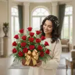 Joven sonriente con suéter beige sosteniendo una canasta de rosas rojas con lazo dorado en un salón luminoso