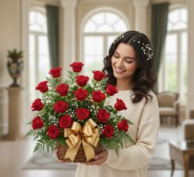 Joven sonriente con suéter beige sosteniendo una canasta de rosas rojas con lazo dorado en un salón luminoso