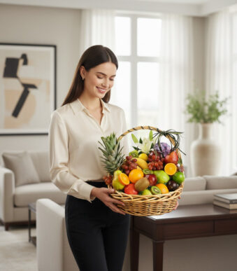 Mujer sonriendo mientras sostiene una canasta de mimbre llena de frutas variadas como piñas, naranjas, limones, uvas y manzanas en una sala de estar moderna y luminosa