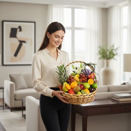 Mujer sonriendo mientras sostiene una canasta de mimbre llena de frutas variadas como piñas, naranjas, limones, uvas y manzanas en una sala de estar moderna y luminosa