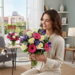 Mujer joven sentada en una sala de estar moderna sosteniendo un ramo de flores con rosas blancas, gerberas fucsias y lirios morados en un jarrón de cristal