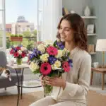 Mujer joven sentada en una sala de estar moderna sosteniendo un ramo de flores con rosas blancas, gerberas fucsias y lirios morados en un jarrón de cristal