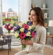 Mujer joven sentada en una sala de estar moderna sosteniendo un ramo de flores con rosas blancas, gerberas fucsias y lirios morados en un jarrón de cristal