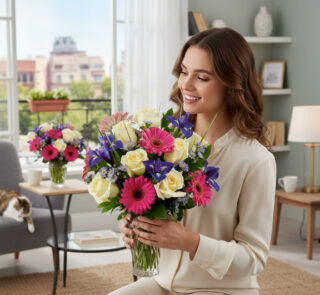 Mujer joven sentada en una sala de estar moderna sosteniendo un ramo de flores con rosas blancas, gerberas fucsias y lirios morados en un jarrón de cristal