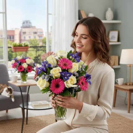 Mujer joven sentada en una sala de estar moderna sosteniendo un ramo de flores con rosas blancas, gerberas fucsias y lirios morados en un jarrón de cristal