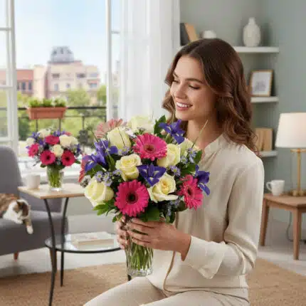 Mujer joven sentada en una sala de estar moderna sosteniendo un ramo de flores con rosas blancas, gerberas fucsias y lirios morados en un jarrón de cristal