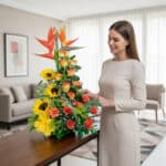 Mujer joven con vestido beige acomodando un arreglo floral alto con girasoles, rosas naranjas y aves del paraíso sobre una mesa en una sala moderna