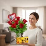 Mujer sonriendo sostiene un ramo de rosas rojas en jarrón de cristal con globo en forma de corazón que dice te amo y una caja de chocolates Ferrero Rocher en una sala de estar luminosa