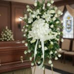 Arreglo floral fúnebre con rosas blancas y follaje verde junto a un ataúd de madera en una sala de velatorio