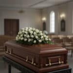 Ataúd de madera oscura con asas doradas y corona de flores blancas encima, ubicado en una sala de velatorio con filas de sillas al fondo