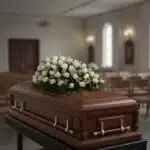 Ataúd de madera oscura con asas doradas y corona de flores blancas encima, ubicado en una sala de velatorio con filas de sillas al fondo