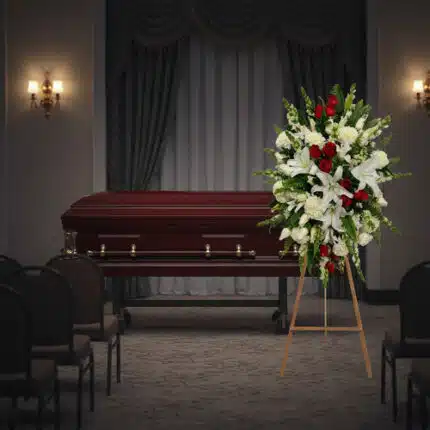 Arreglo floral grande con lirios blancos, rosas rojas y flores blancas sobre caballete de madera, colocado al lado de un ataúd de madera oscura en una sala de velatorio con cortinas y sillas vacías