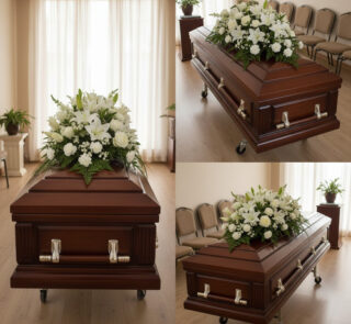 Collage de ataúd de madera oscura con asas metálicas plateadas y gran arreglo floral blanco en una sala de velatorio con sillas y cortinas claras