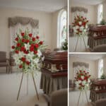 Collage de tres fotos en una sala de velatorio con un arreglo floral de rosas rojas y lirios blancos sobre caballete junto a un ataúd de madera