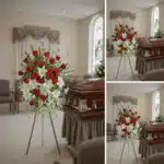 Collage de tres fotos en una sala de velatorio con un arreglo floral de rosas rojas y lirios blancos sobre caballete junto a un ataúd de madera