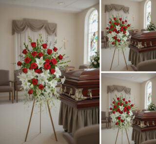 Collage de tres fotos en una sala de velatorio con un arreglo floral de rosas rojas y lirios blancos sobre caballete junto a un ataúd de madera