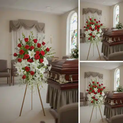 Collage de tres fotos en una sala de velatorio con un arreglo floral de rosas rojas y lirios blancos sobre caballete junto a un ataúd de madera