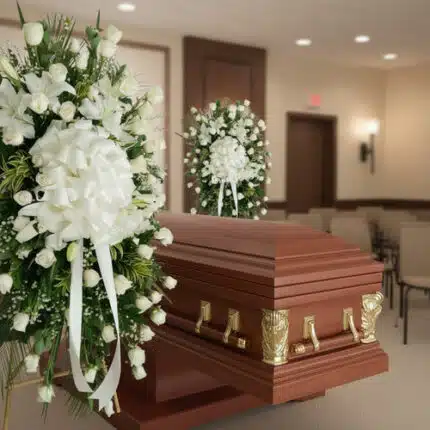 Ataúd de madera pulida con herrajes dorados junto a coronas de flores blancas en una sala de velatorio