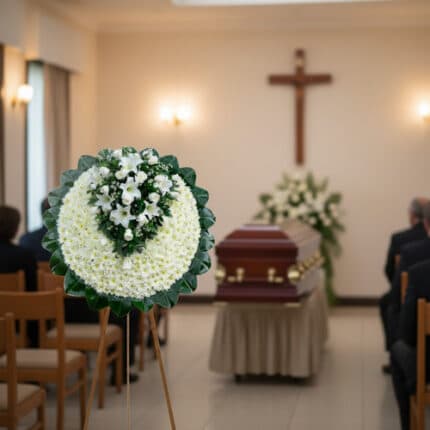 Corona de flores blancas sobre caballete en una sala de velatorio con ataúd al fondo y cruz en la pared
