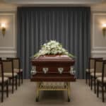 Ataúd de madera barnizada con adornos metálicos plateados y arreglo de flores blancas sobre la tapa, situado en el centro de una sala de velatorio con filas de sillas y cortina gris de fondo