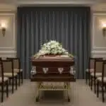 Ataúd de madera barnizada con adornos metálicos plateados y arreglo de flores blancas sobre la tapa, situado en el centro de una sala de velatorio con filas de sillas y cortina gris de fondo