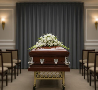 Ataúd de madera barnizada con adornos metálicos plateados y arreglo de flores blancas sobre la tapa, situado en el centro de una sala de velatorio con filas de sillas y cortina gris de fondo