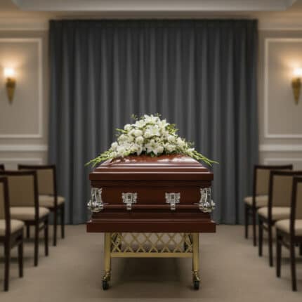 Ataúd de madera barnizada con adornos metálicos plateados y arreglo de flores blancas sobre la tapa, situado en el centro de una sala de velatorio con filas de sillas y cortina gris de fondo