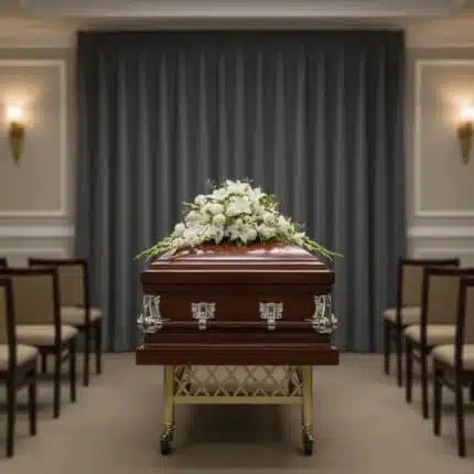 Ataúd de madera barnizada con adornos metálicos plateados y arreglo de flores blancas sobre la tapa, situado en el centro de una sala de velatorio con filas de sillas y cortina gris de fondo
