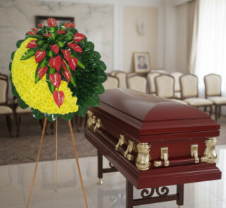 Corona fúnebre redonda con flores amarillas y rojas sobre caballete junto a ataúd de madera barnizada en una sala velatoria