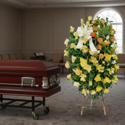 Corona de flores amarillas y naranjas con lazo blanco junto a un ataúd de madera barnizada en una sala funeraria