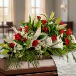 Arreglo fúnebre grande con rosas rojas, lirios blancos, margaritas y follaje verde colocado sobre un ataúd de madera en una sala velatoria