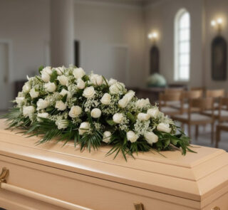Centro de flores blancas con rosas y follaje verde colocado sobre un ataúd de madera clara en una sala de velatorio