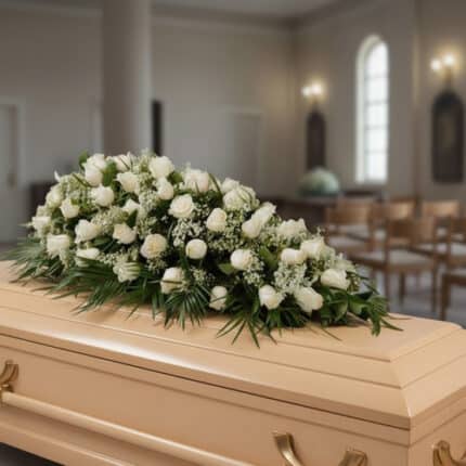 Centro de flores blancas con rosas y follaje verde colocado sobre un ataúd de madera clara en una sala de velatorio