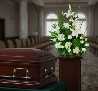 Ataúd de madera barnizada junto a un arreglo floral blanco y verde sobre pedestal en una sala de velatorio con filas de sillas al fondo