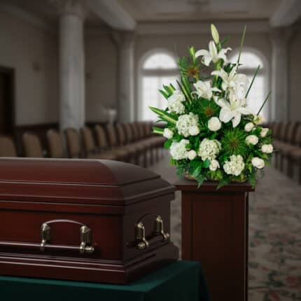 Ataúd de madera barnizada junto a un arreglo floral blanco y verde sobre pedestal en una sala de velatorio con filas de sillas al fondo