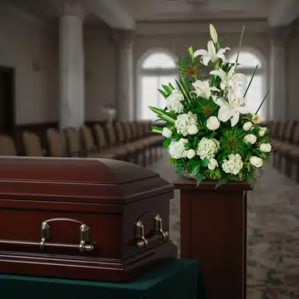 Ataúd de madera barnizada junto a un arreglo floral blanco y verde sobre pedestal en una sala de velatorio con filas de sillas al fondo