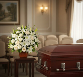 Arreglo floral de lirios y rosas blancas junto a un ataúd de madera barnizada en una sala de velatorio elegante