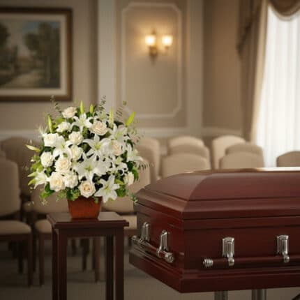 Arreglo floral de lirios y rosas blancas junto a un ataúd de madera barnizada en una sala de velatorio elegante