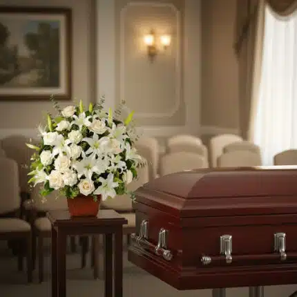 Arreglo floral de lirios y rosas blancas junto a un ataúd de madera barnizada en una sala de velatorio elegante