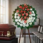 Corona fúnebre redonda con flores rojas y blancas sobre caballete de madera junto a ataúd de madera barnizada en sala de velación