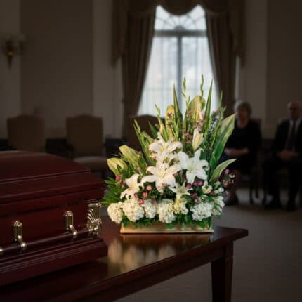 Arreglo de flores blancas y verdes sobre mesa de madera junto a un ataúd marrón en una sala de velatorio con personas sentadas al fondo